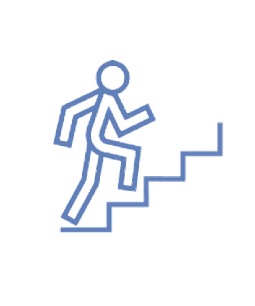 A blue and white drawing of someone climbing stairs