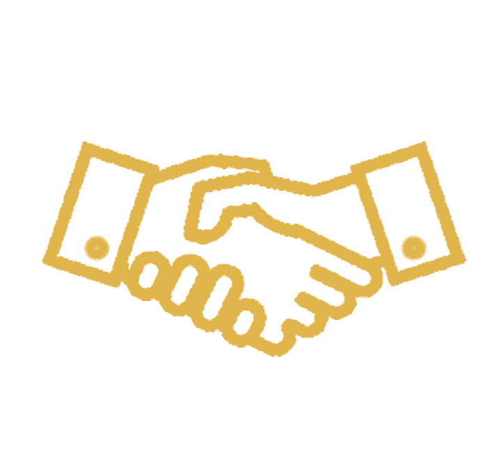 A gold colored handshake sign with money in the background.